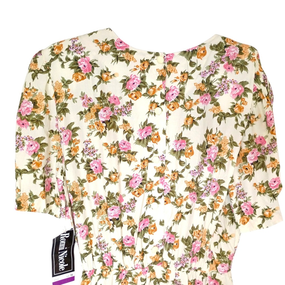 Vintage Ronni Nicole Floral Rayon Midi Dress Short Sleeve Cream Sz 16 NWT 80s - Picture 9 of 15